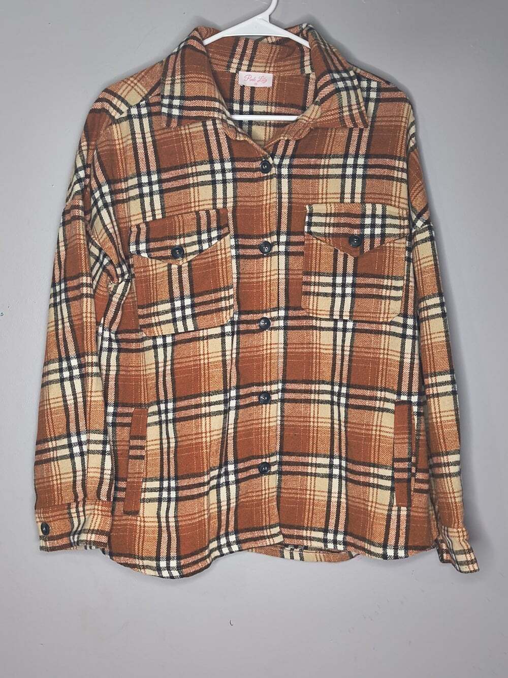 Pink Lily Plaid Flannel Orange And Tan Button Up Shirt Shacket Women's Medium